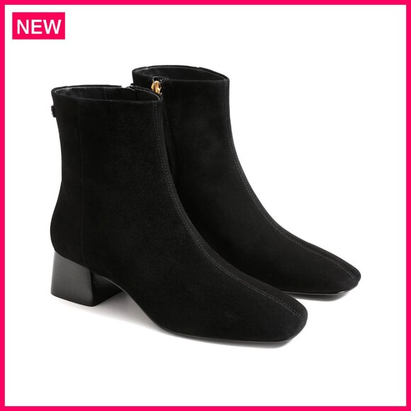 Women's Ankle Boots Chunky Low Heel Square Toe Side Zipper Winter Dress Shoes